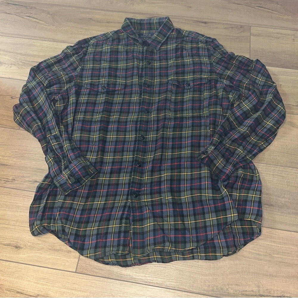 Ralph Lauren Plaid Button Up Shirt Christmas Cabin Rugged Green And Blue Men XL